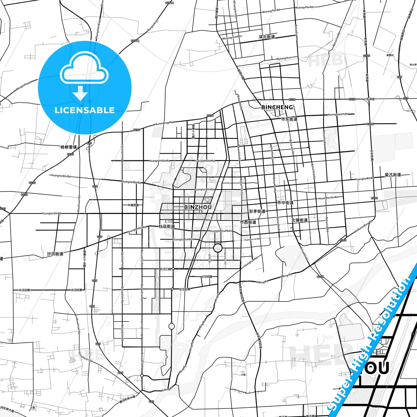 Binzhou, China light map with streetnames, citynames and districts