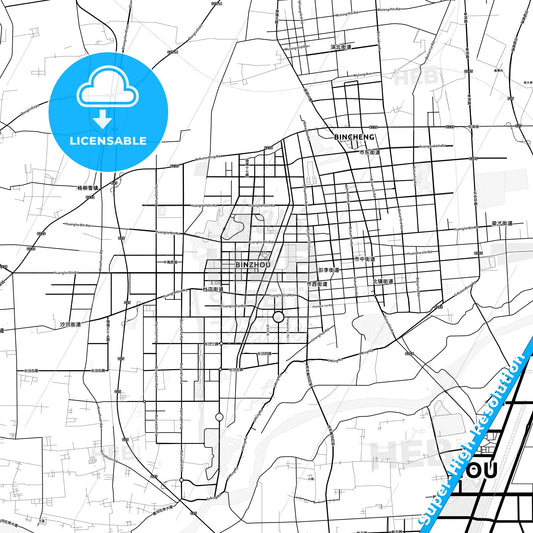 Binzhou, China light map with streetnames, citynames and districts