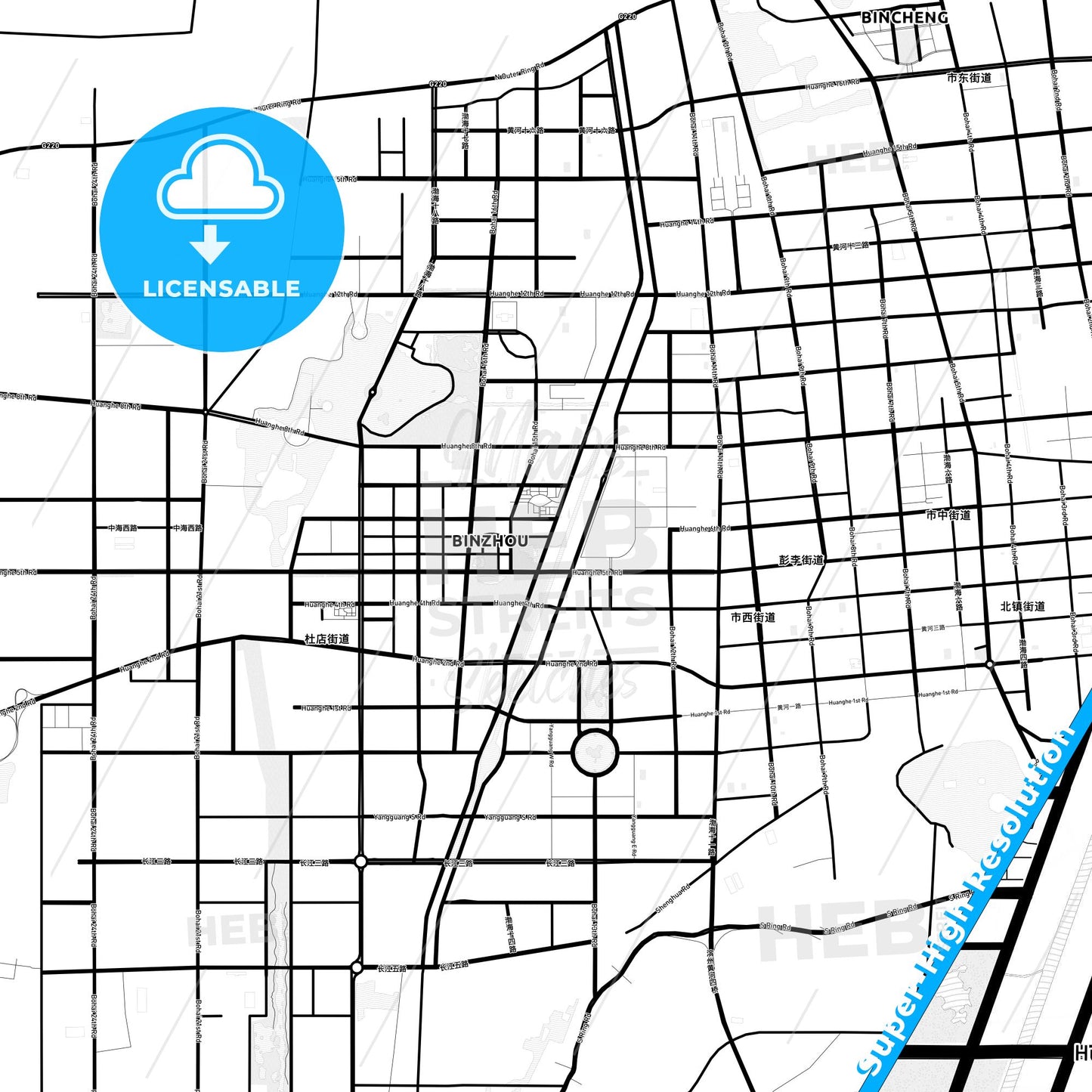 Binzhou, China Light Map with Street Names, City Names, and Districts