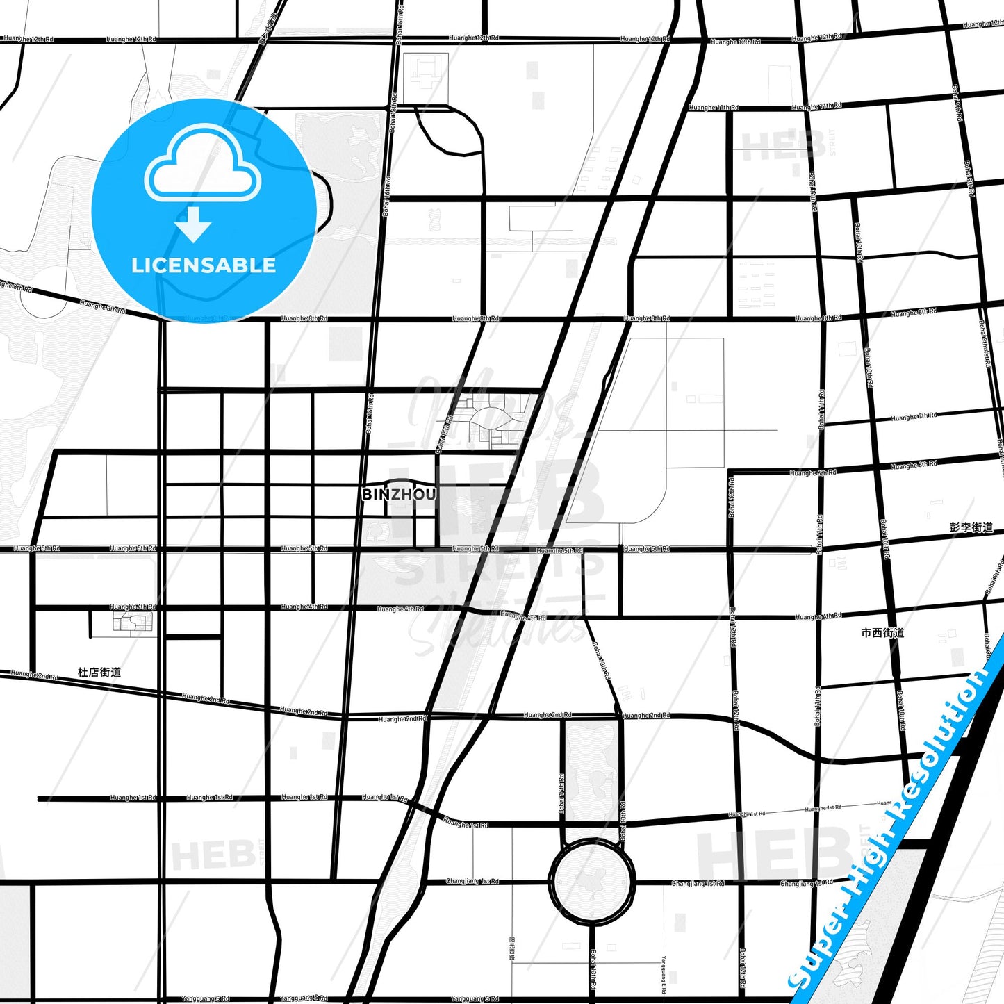 Binzhou, China Light Map with Street Names, City Names, and Districts