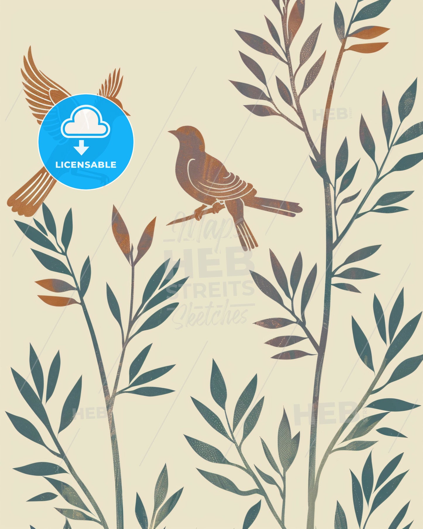 Beige Background Modern Line Art Bird Poster - A bird on a plant