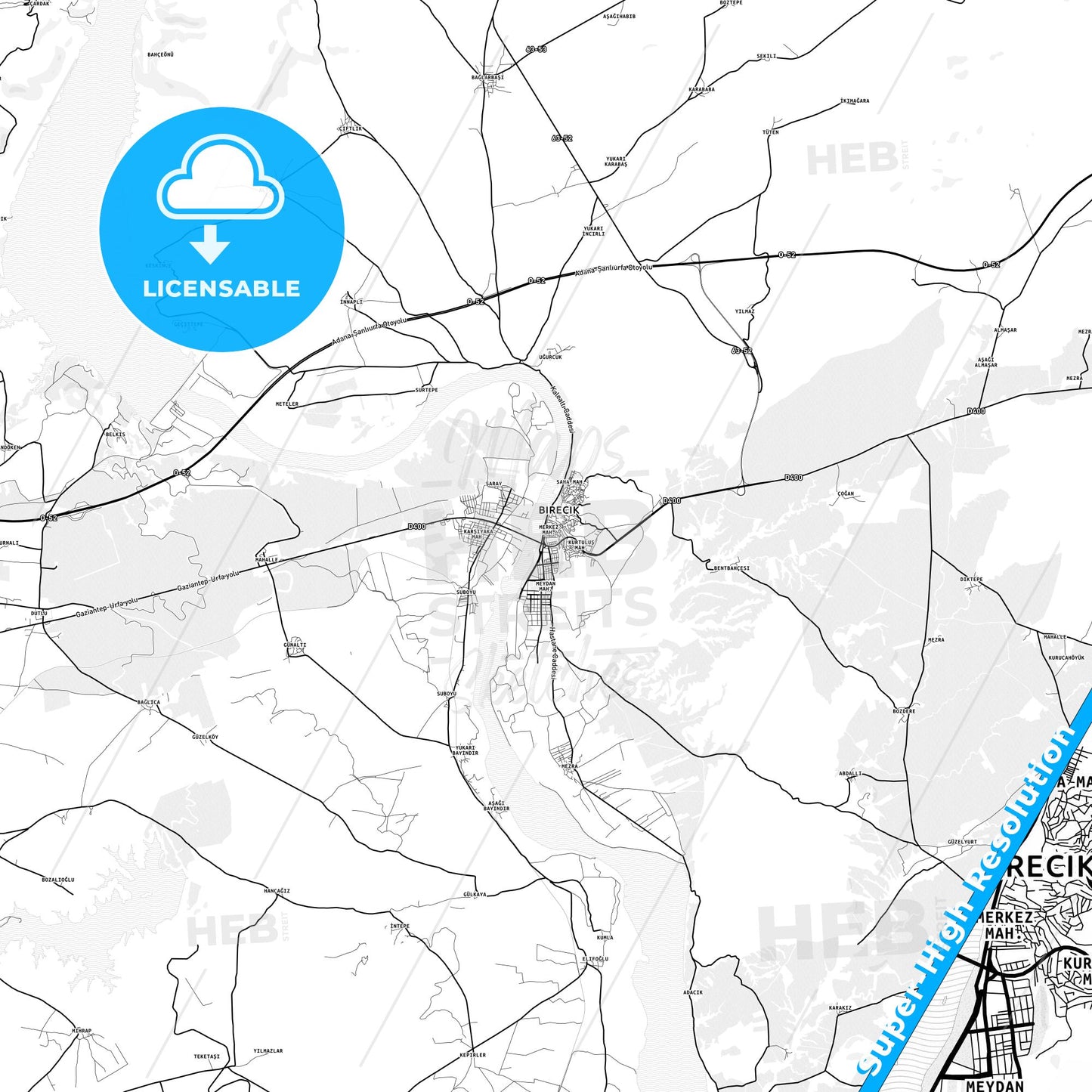Birecik, Turkey light map with streetnames, citynames and districts