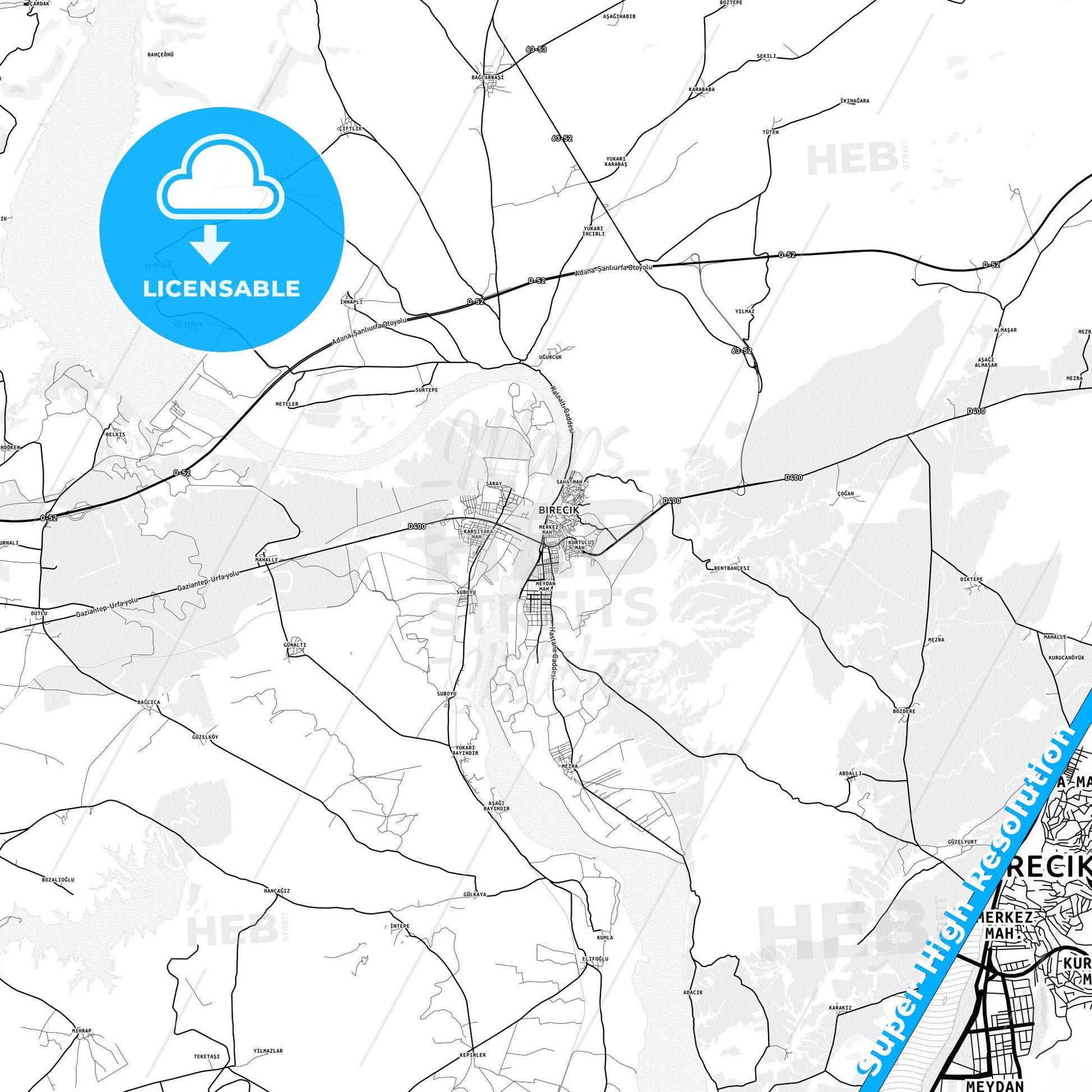 Birecik, Turkey light map with streetnames, citynames and districts