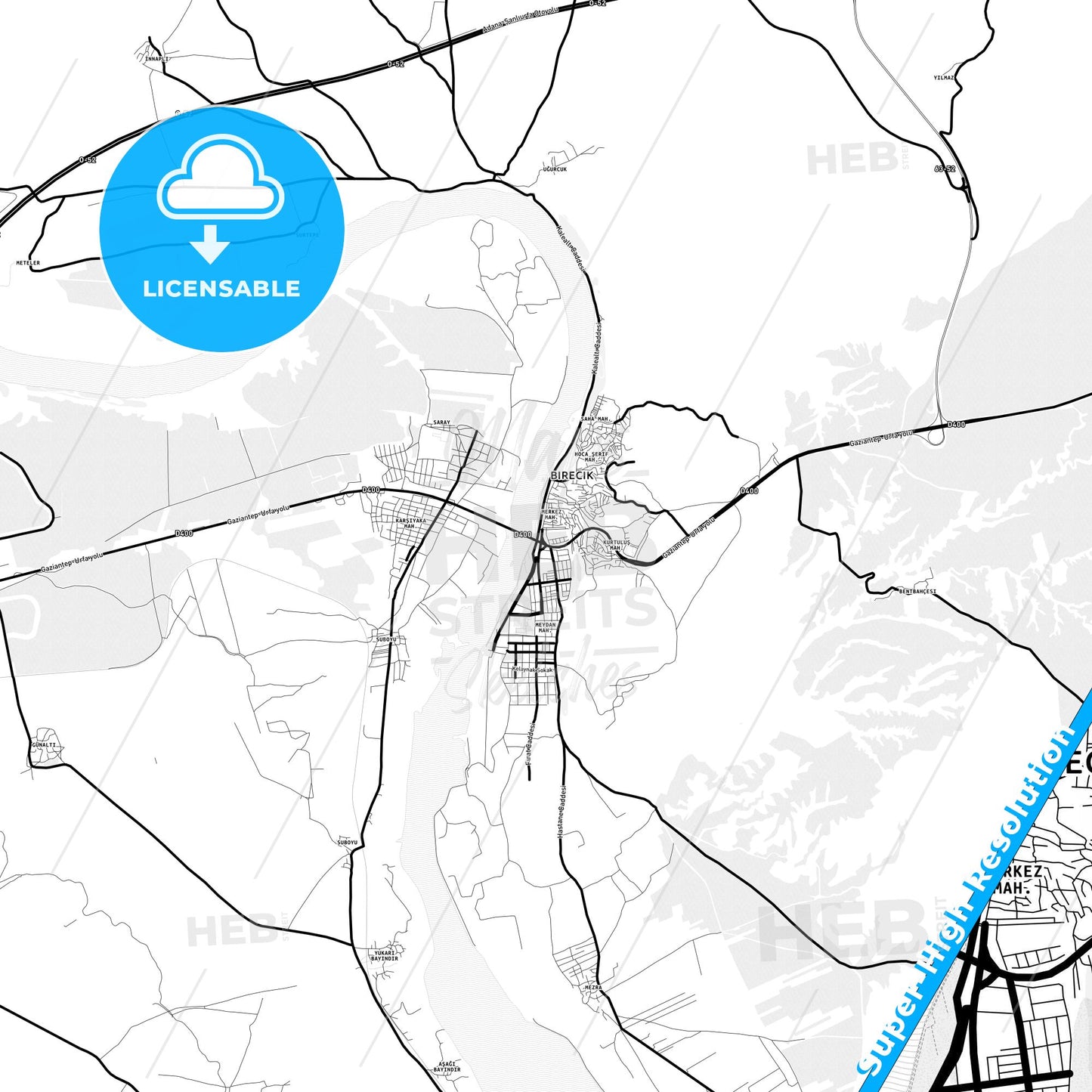 Birecik, Turkey Light Map with Street Names, City Names, and Districts