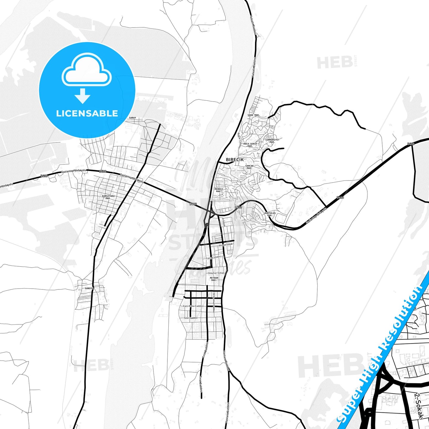 Birecik, Turkey Light Map with Street Names, City Names, and Districts