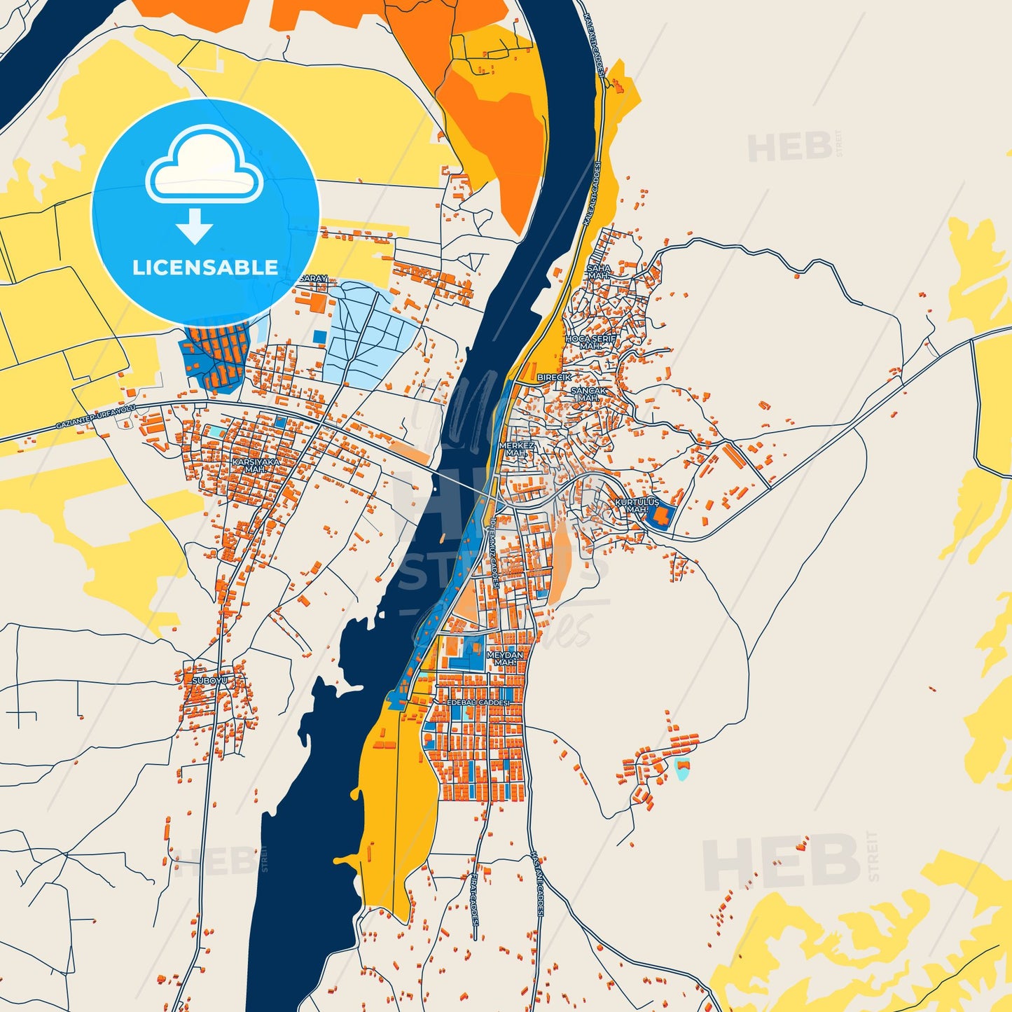 Colorful Birecik Street Map with Labels and Buildings