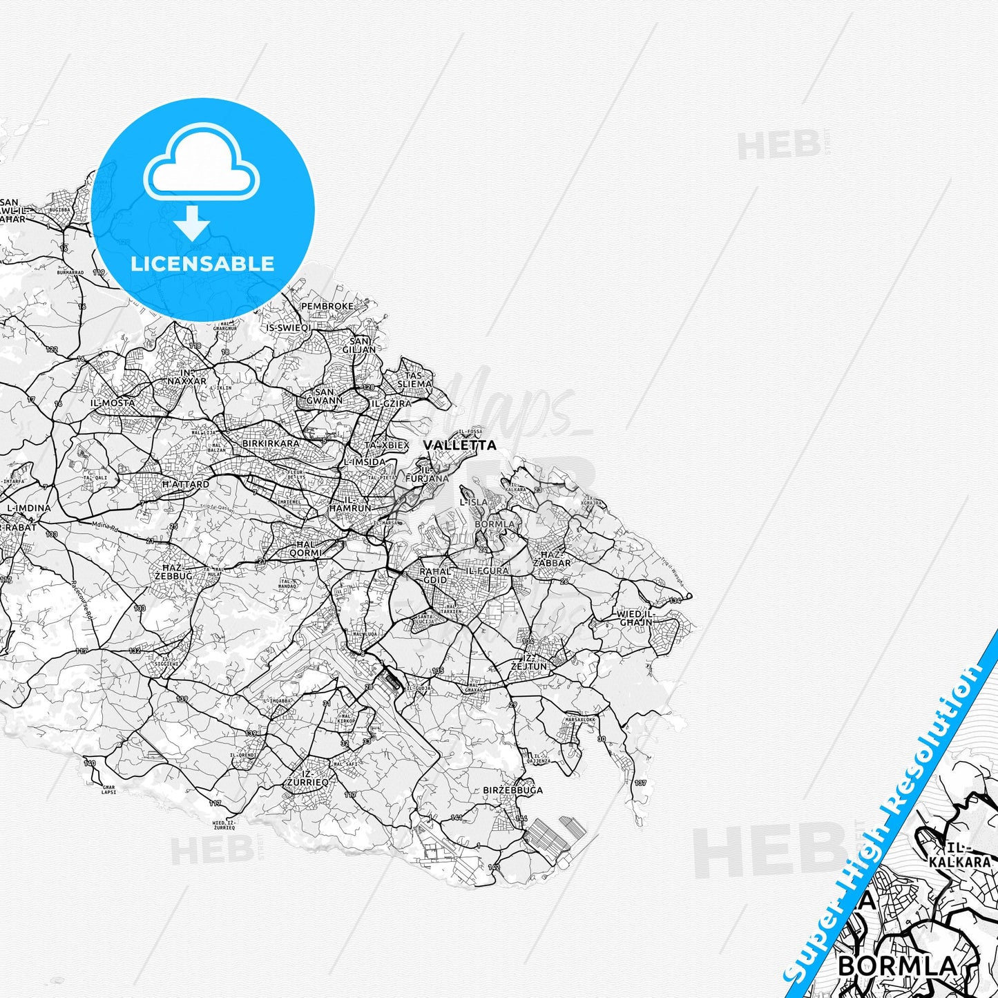 Birgu, Malta light map with streetnames, citynames and districts