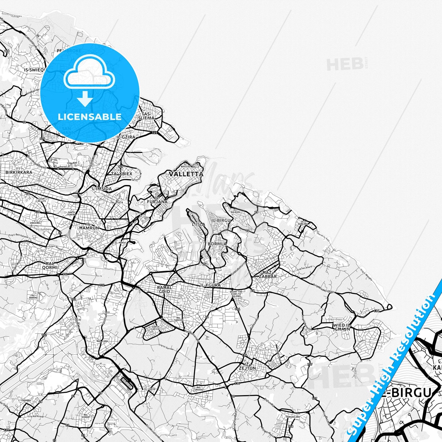 Birgu, Malta Light Map with Street Names, City Names, and Districts