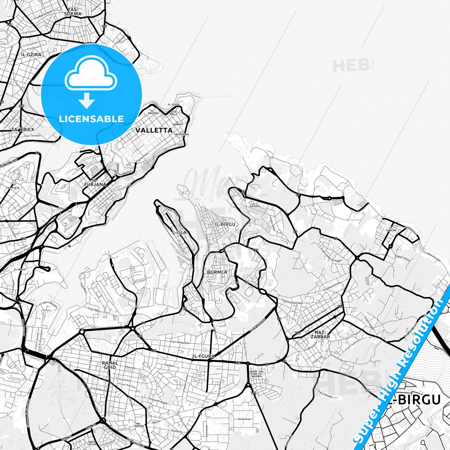 Birgu, Malta Light Map with Street Names, City Names, and Districts