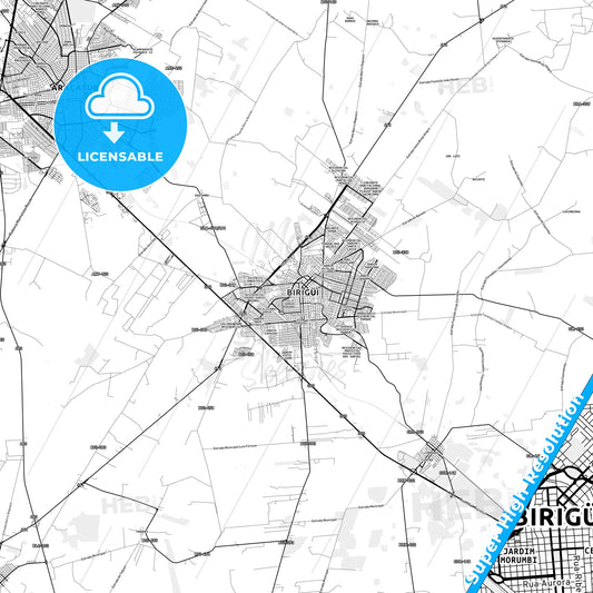 Birigui, Brazil light map with streetnames, citynames and districts