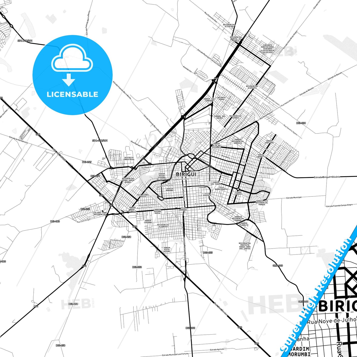 Birigui, Brazil Light Map with Street Names, City Names, and Districts