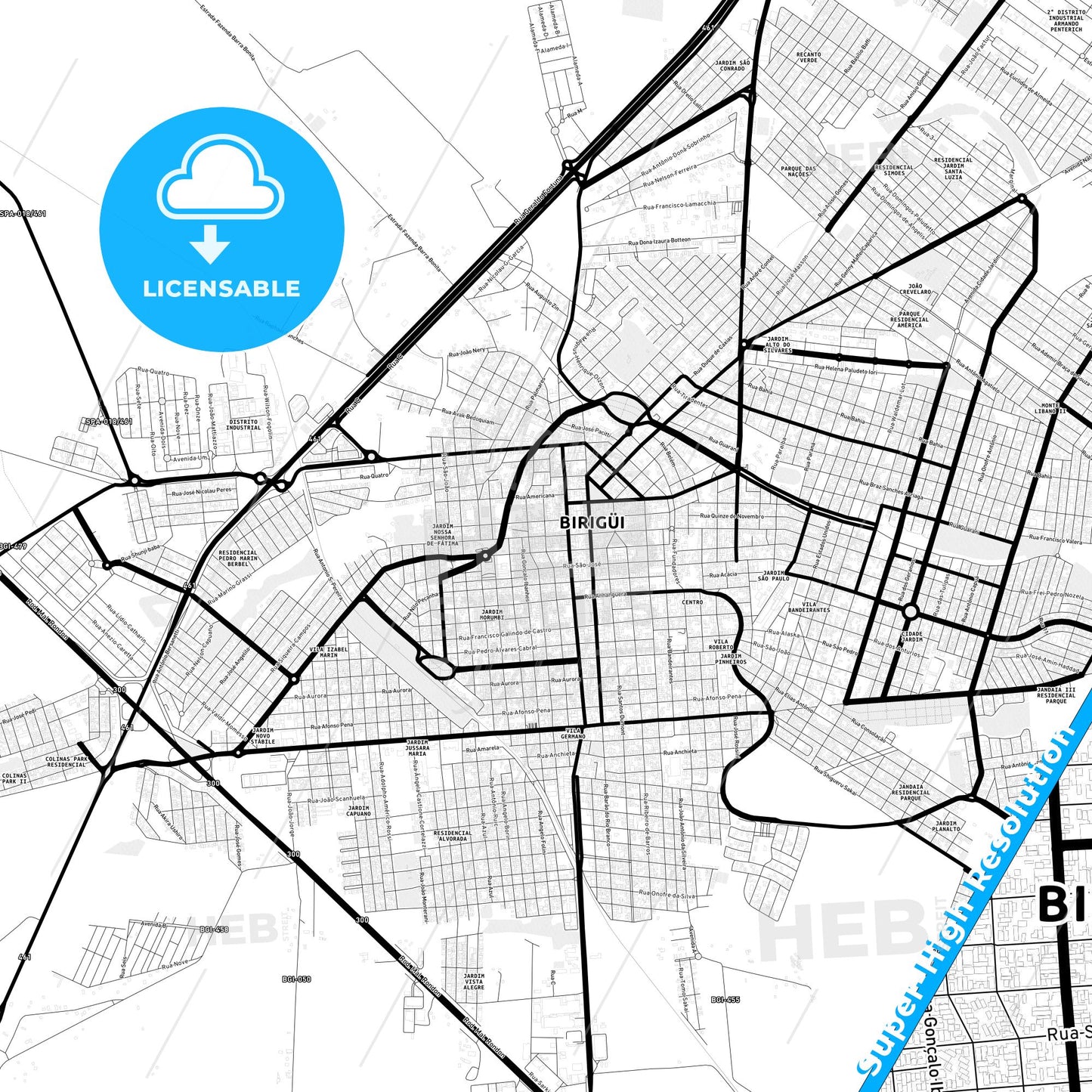 Birigui, Brazil Light Map with Street Names, City Names, and Districts