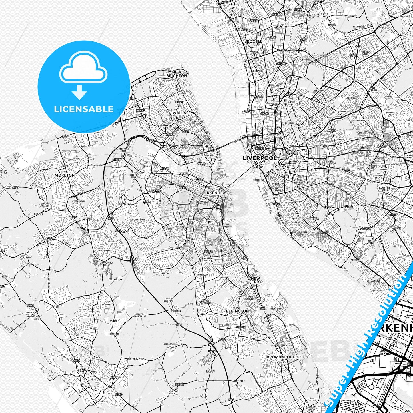 Birkenhead, England light map with streetnames, citynames and districts