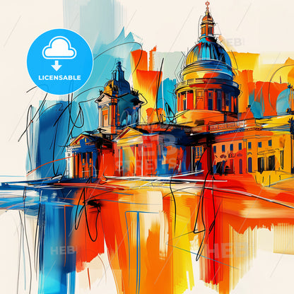 Vibrant Birkenhead, England - A Painting Of A Building With A Dome And A Colorful Background