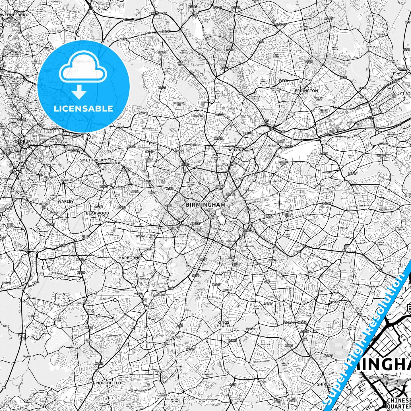 Birmingham, England light map with streetnames, citynames and districts