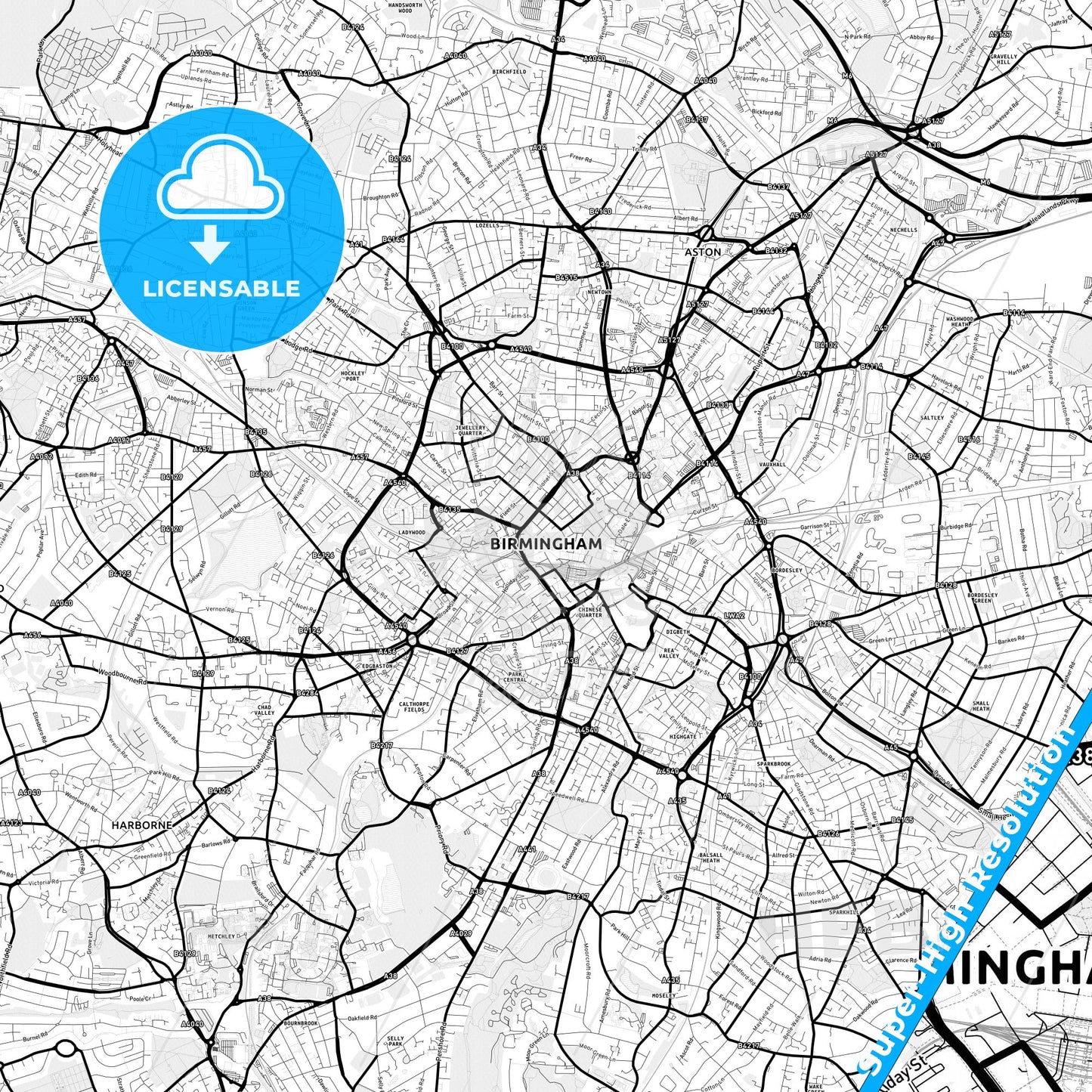 Birmingham, England Light Map with Street Names, City Names, and Districts