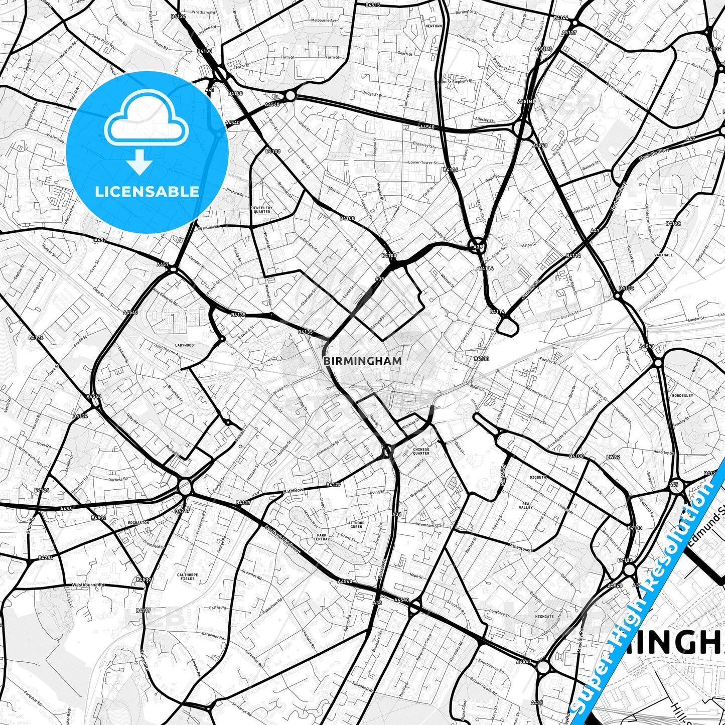 Birmingham, England Light Map with Street Names, City Names, and Districts
