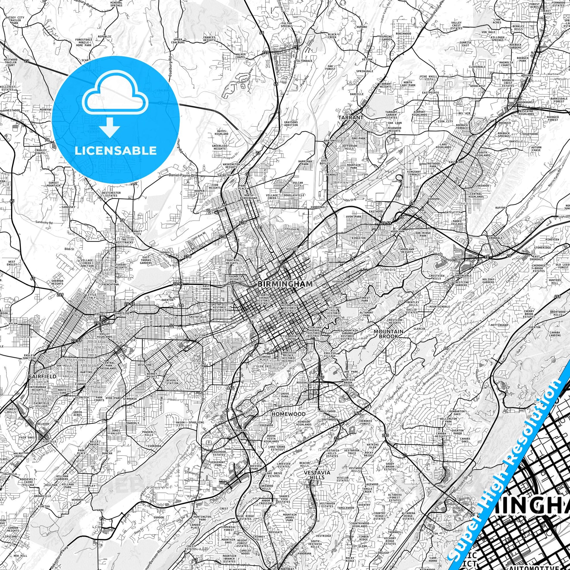 Birmingham, Alabama light map with streetnames, citynames and districts