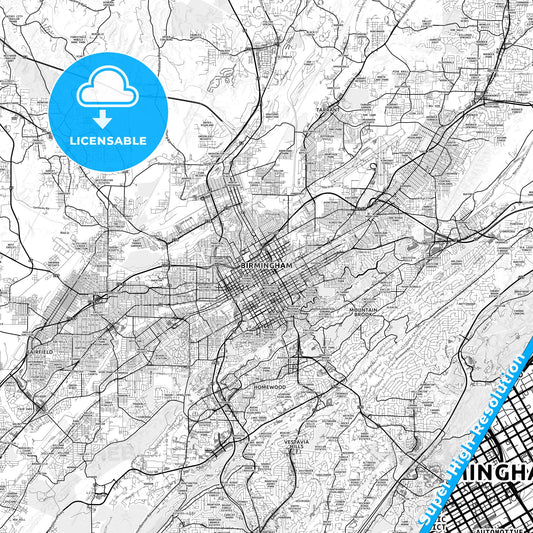 Birmingham, Alabama light map with streetnames, citynames and districts