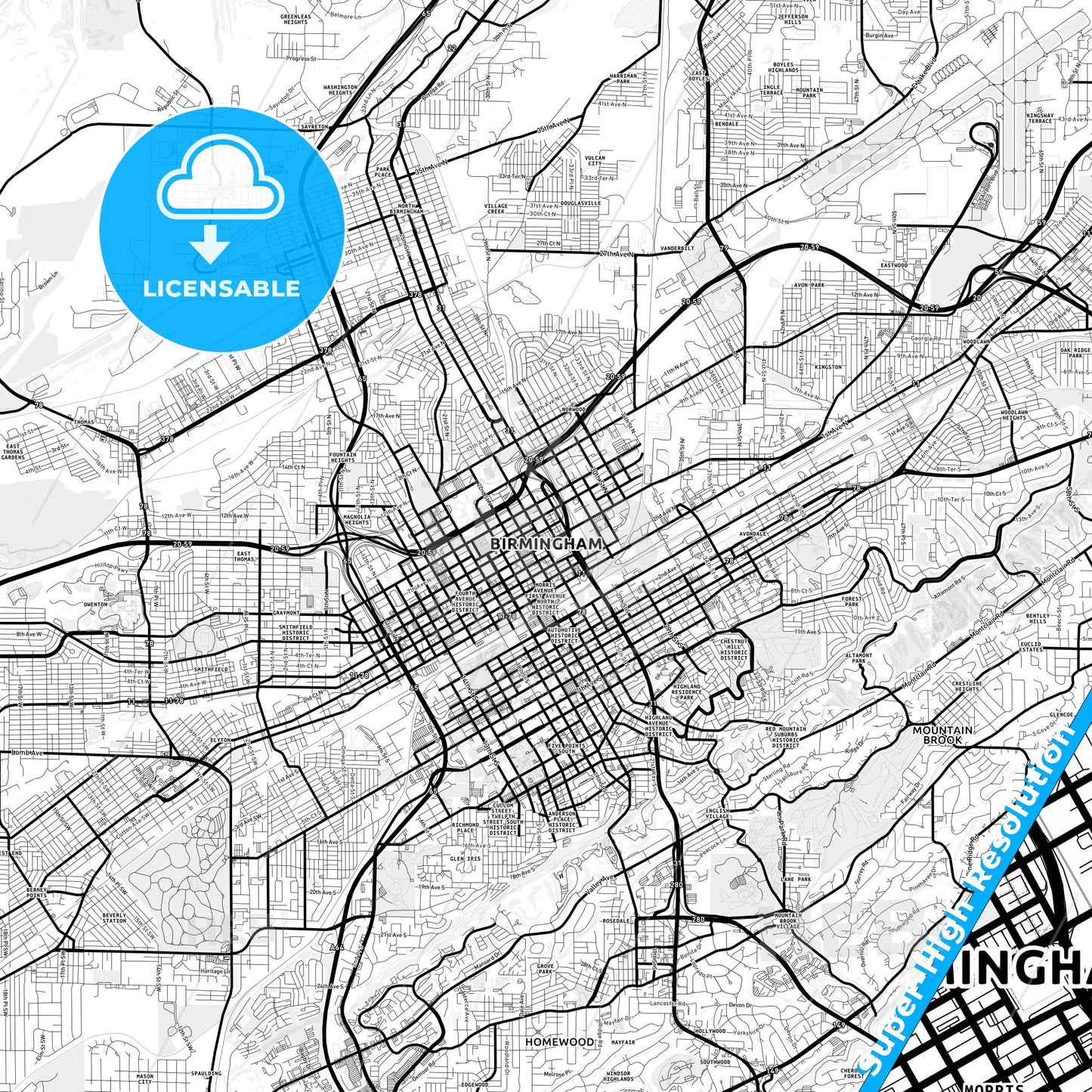 Birmingham, Alabama Light Map with Street Names, City Names, and Districts