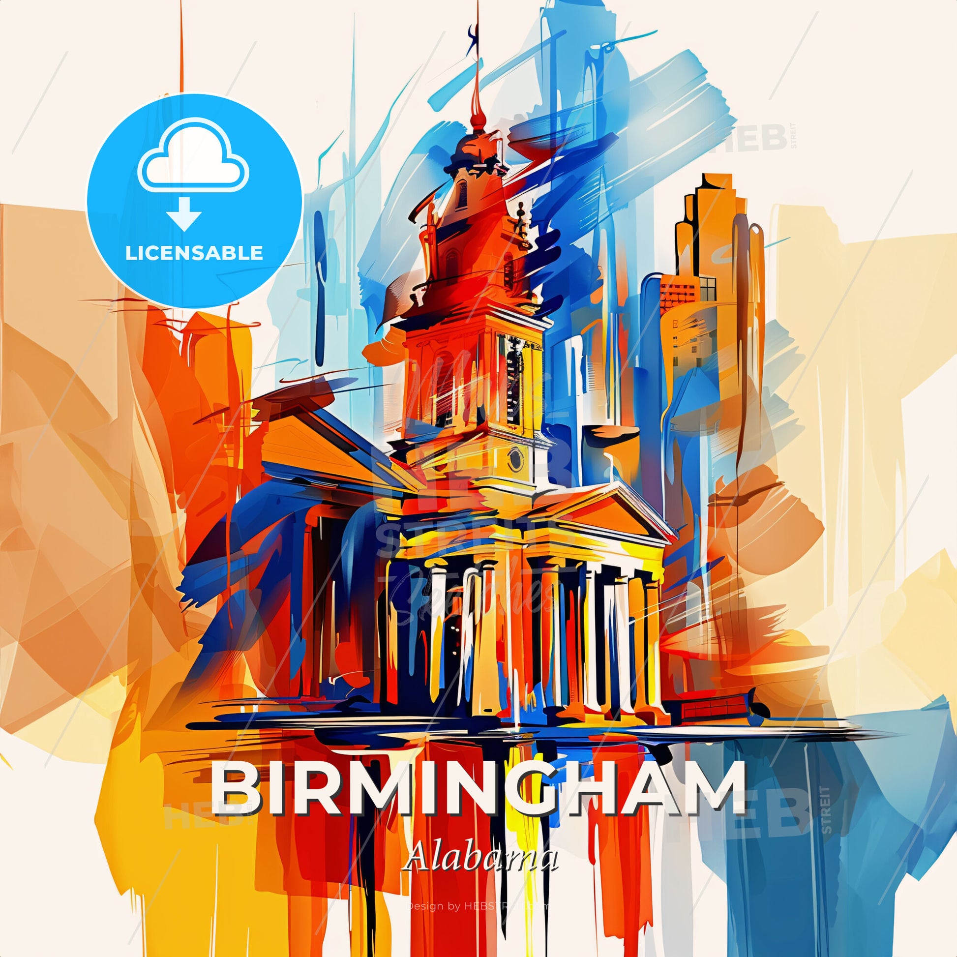 Vibrant Birmingham, Alabama - A Painting Of A Building With A Tower And A City Skyline - Square format print template