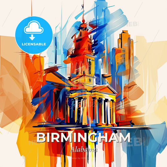 Vibrant Birmingham, Alabama - A Painting Of A Building With A Tower And A City Skyline - Square format print template