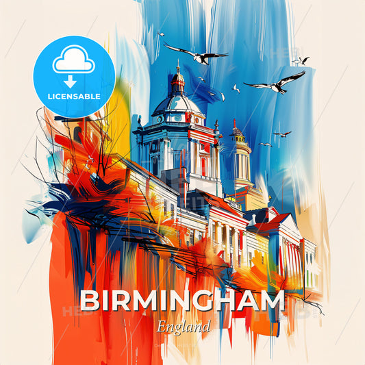 Vibrant Birmingham, England - A Painting Of A Building With Birds Flying In The Sky - Square format print template