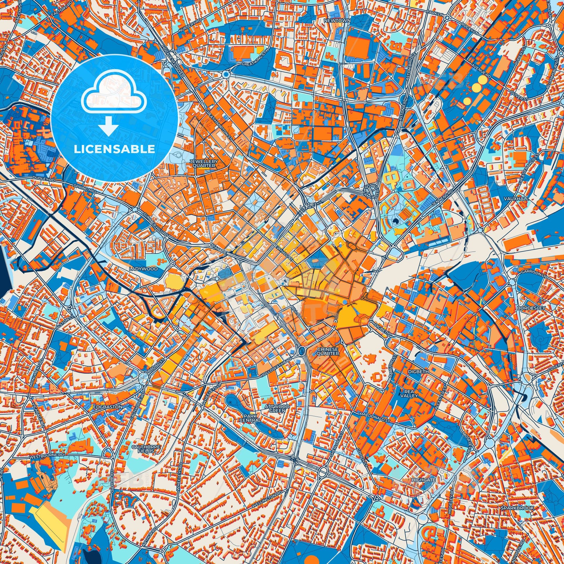 Colorful Birmingham Street Map with Labels and Buildings