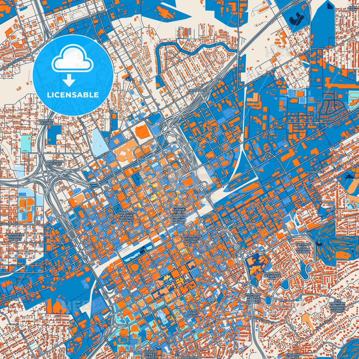 Colorful Birmingham Street Map with Labels and Buildings