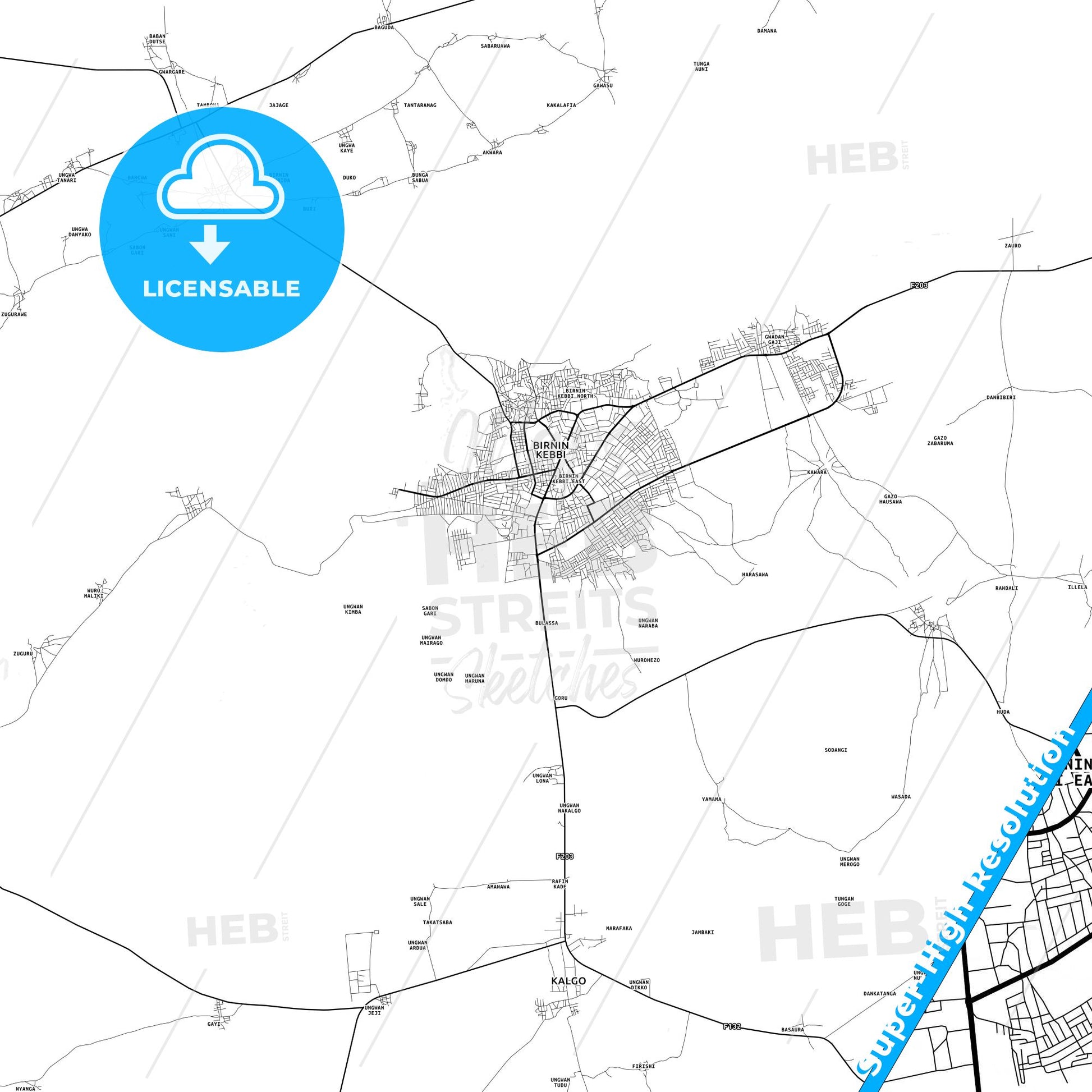 Birnin Kebbi, Nigeria light map with streetnames, citynames and districts