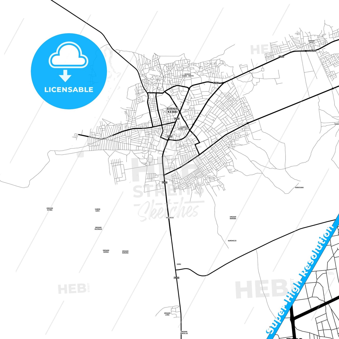 Birnin Kebbi, Nigeria Light Map with Street Names, City Names, and Districts