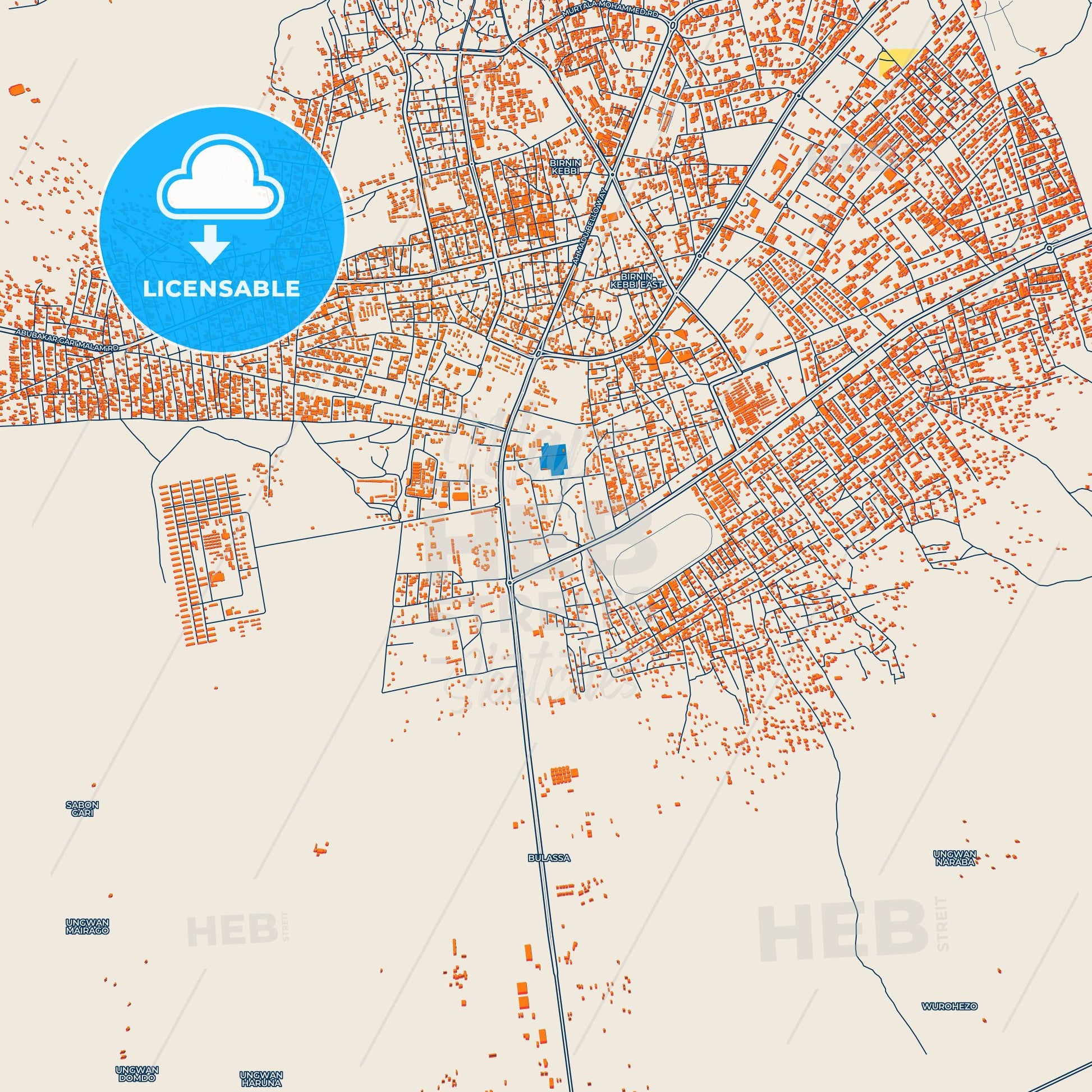 Colorful Birnin Kebbi Street Map with Labels and Buildings
