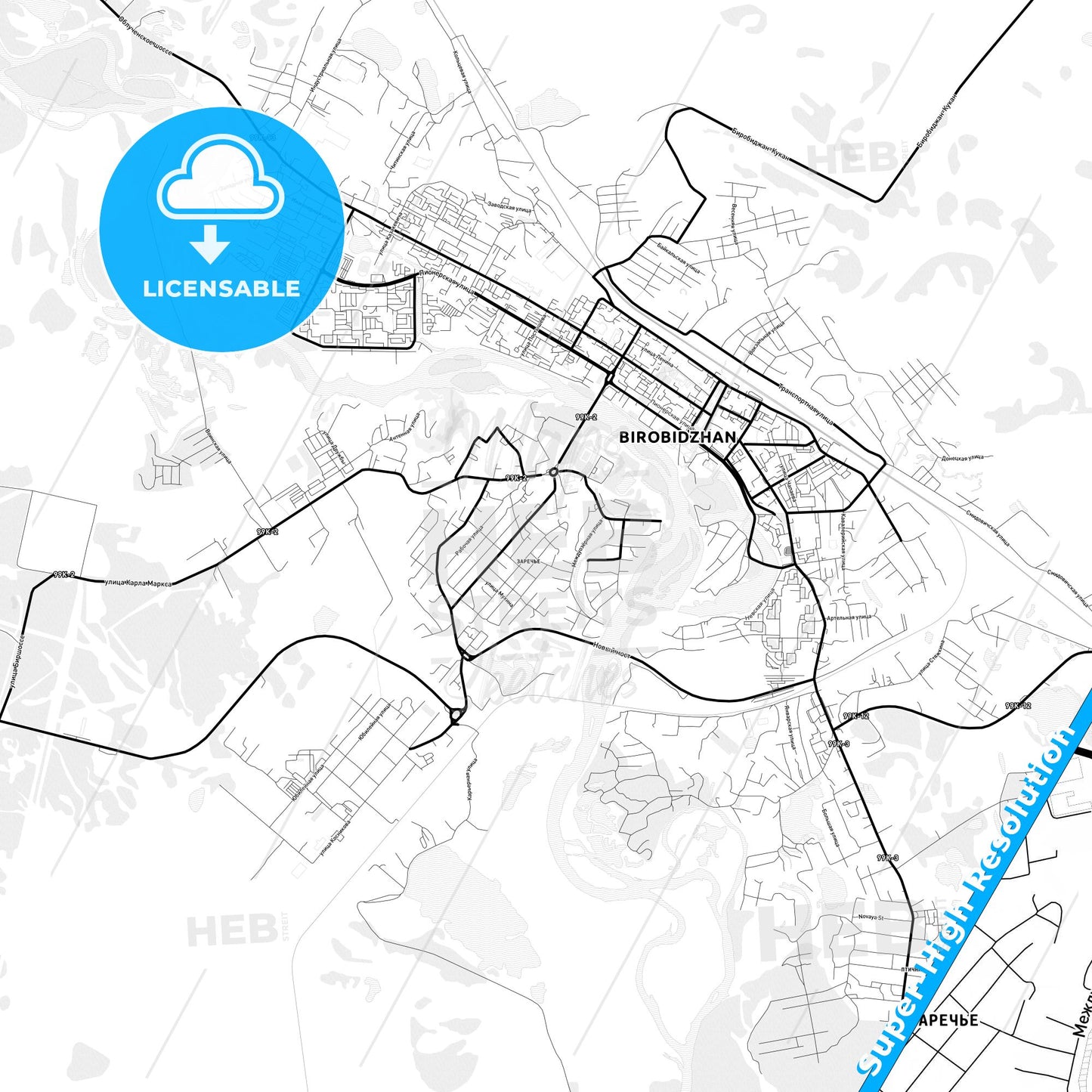 Birobidzhan, Russia Light Map with Street Names, City Names, and Districts