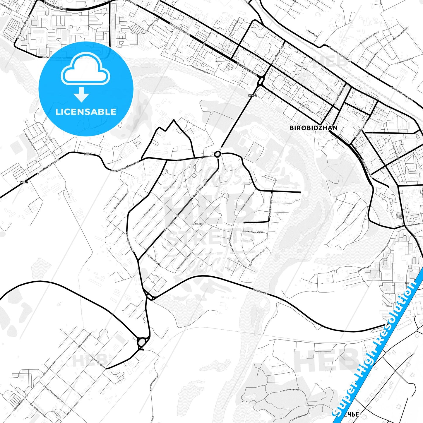 Birobidzhan, Russia Light Map with Street Names, City Names, and Districts