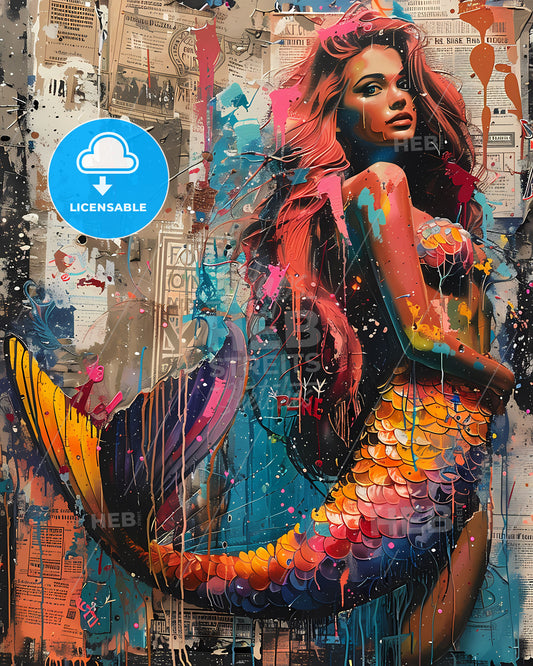 Vibrant Birth of a Mermaid: Pop Art Screen Print Trash Poster Painting Spray Paint