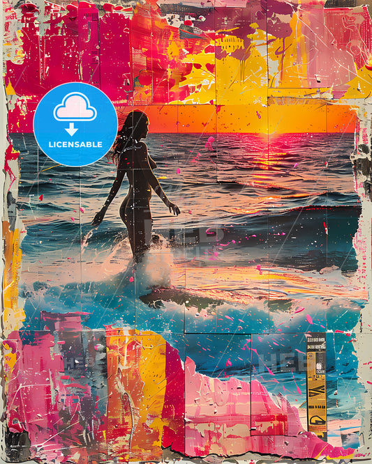 Vibrant Pop Art Surfing Venus: Screen Printed Trash Poster Style Painting with Spray Paint
