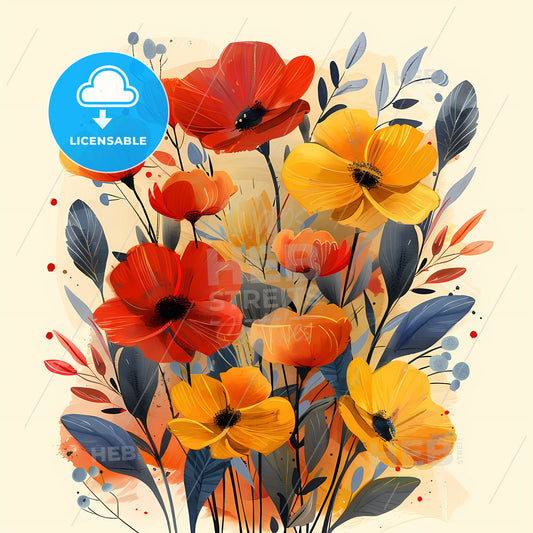 Vibrant Floral Oil Painting in Red, Orange, and Yellow for Birthday Postcards and Artistic Designs