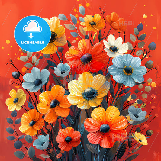 Colorful bouquet painting flowers orange yellow red art decor greeting card design