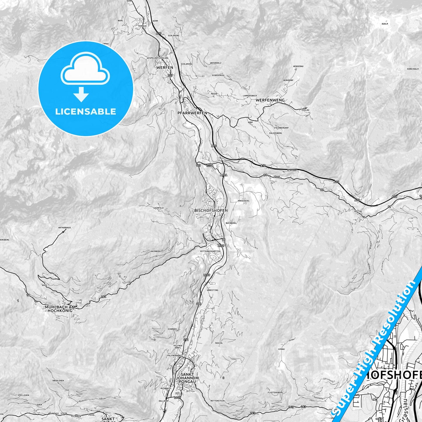 Bischofshofen, Austria light map with streetnames, citynames and districts