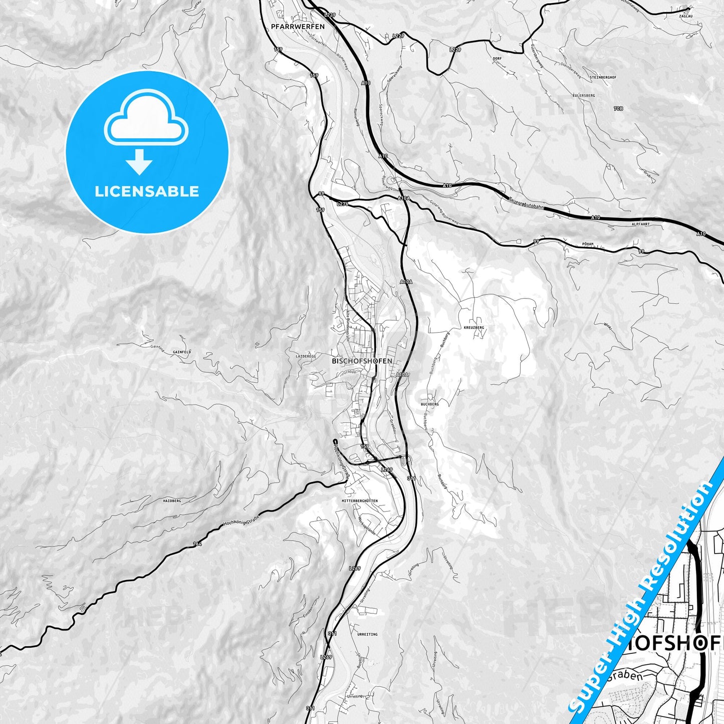 Bischofshofen, Austria Light Map with Street Names, City Names, and Districts