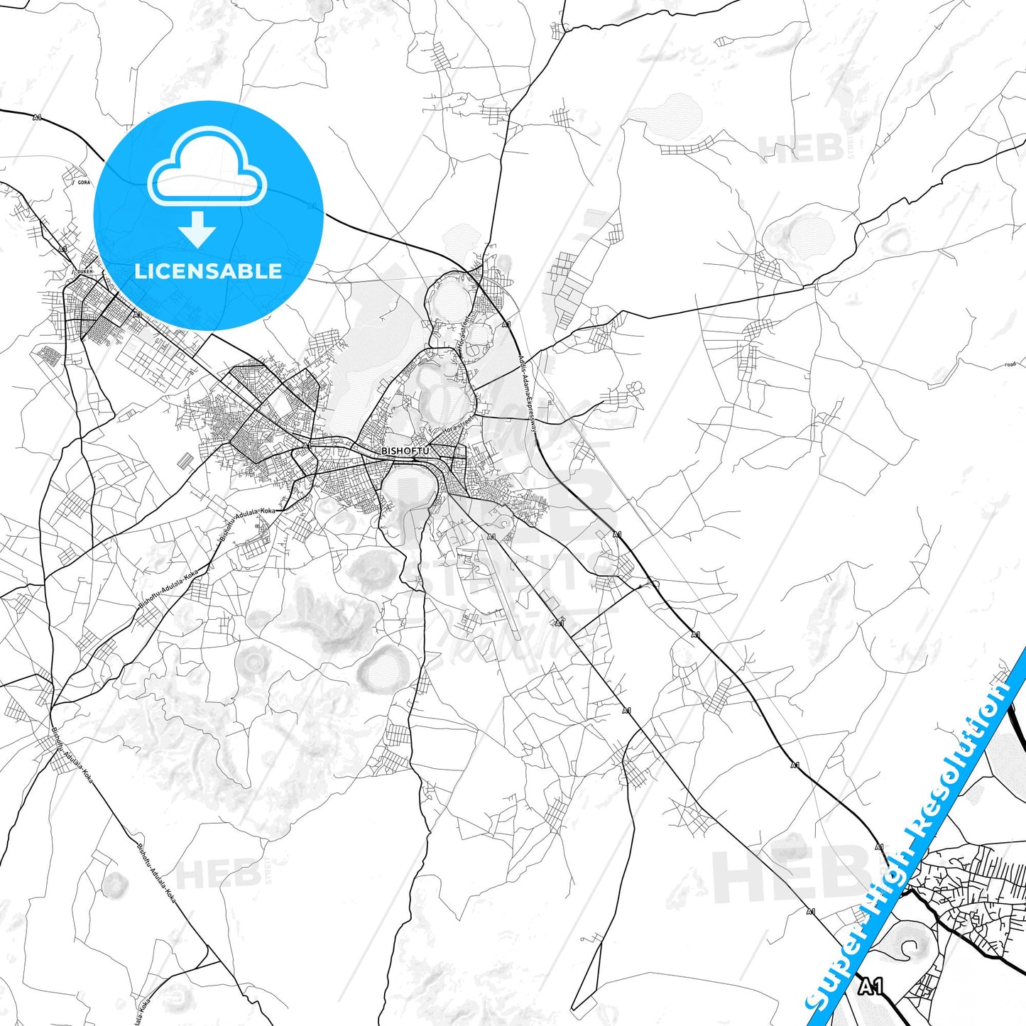 Bishoftu, Ethiopia light map with streetnames, citynames and districts