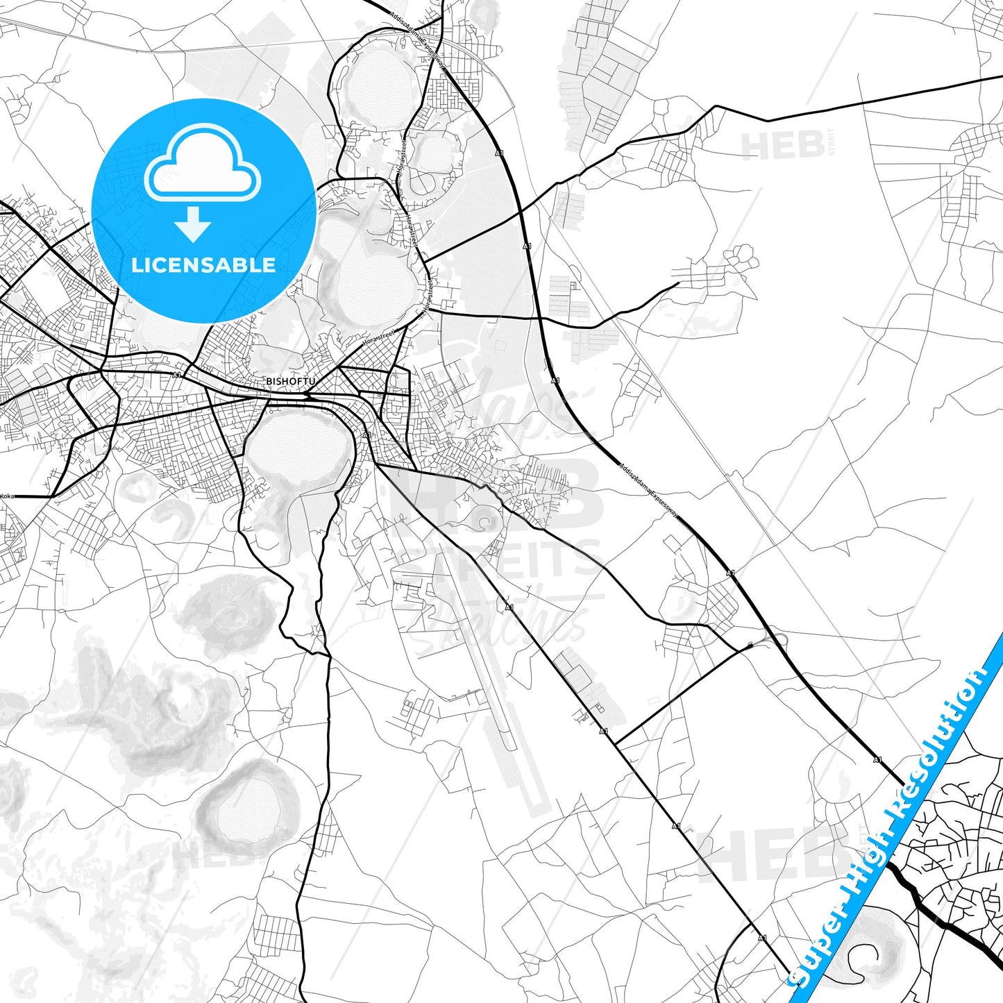 Bishoftu, Ethiopia Light Map with Street Names, City Names, and Districts