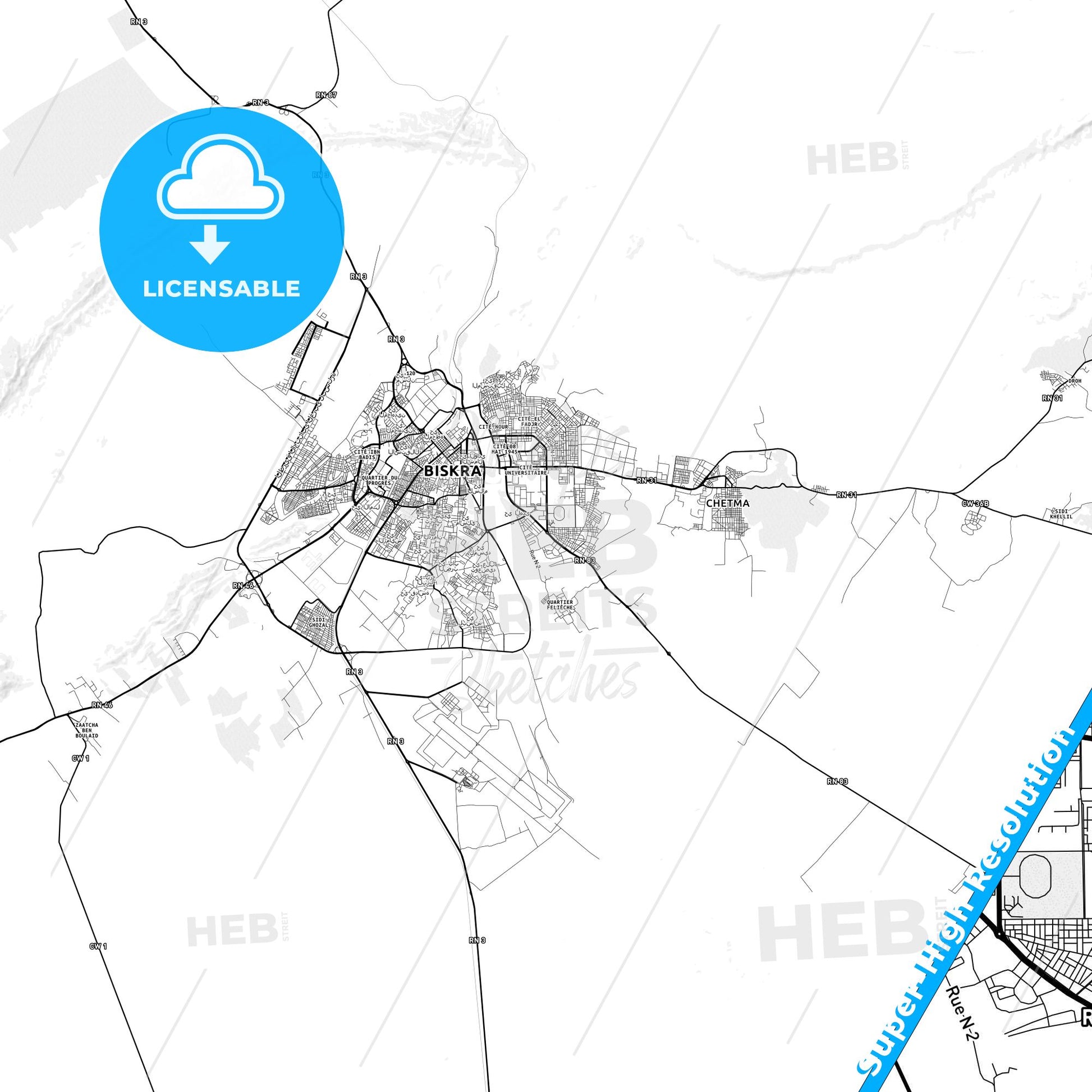 Biskra, Algeria light map with streetnames, citynames and districts