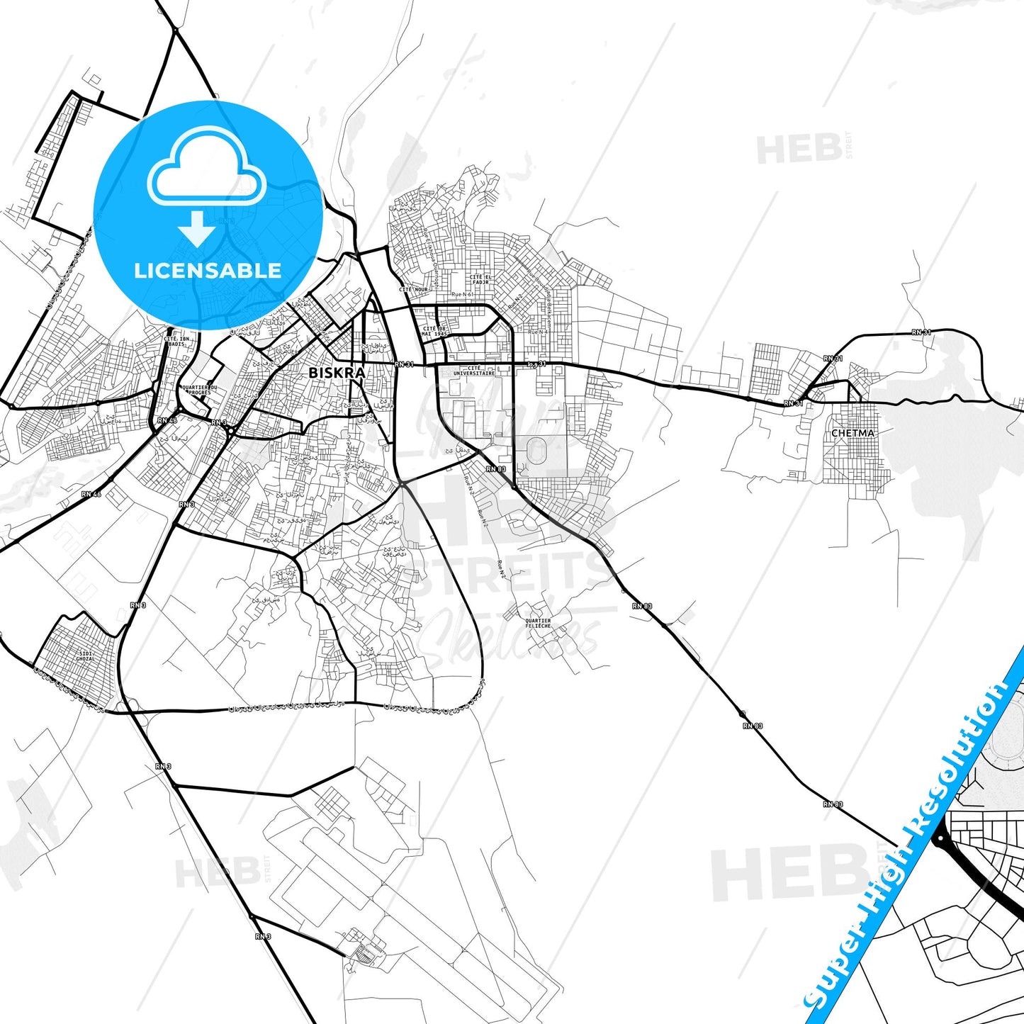 Biskra, Algeria Light Map with Street Names, City Names, and Districts