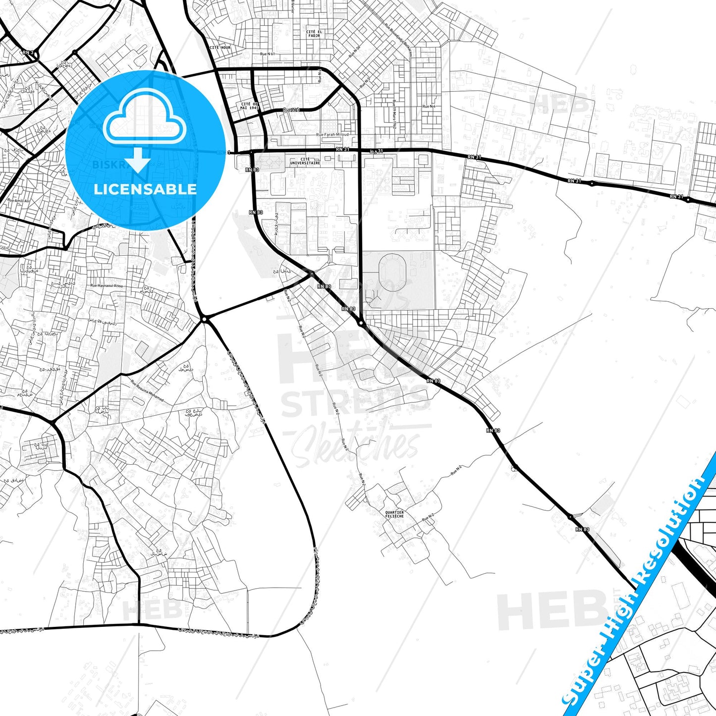Biskra, Algeria Light Map with Street Names, City Names, and Districts
