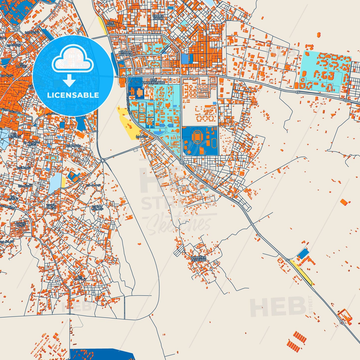 Colorful Biskra Street Map with Labels and Buildings