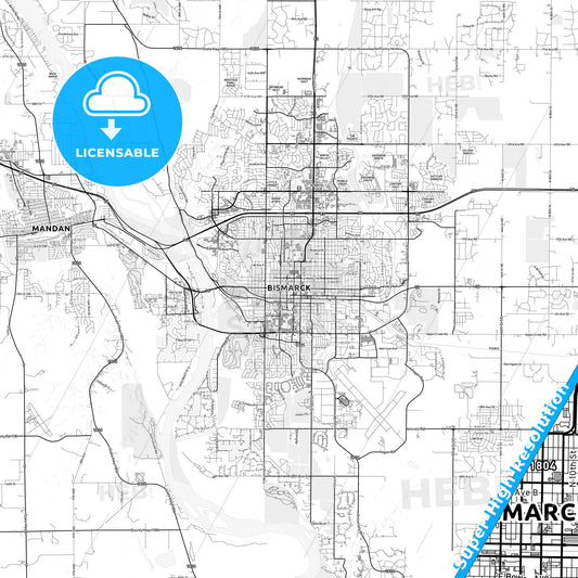 Bismarck, North Dakota light map with streetnames, citynames and districts