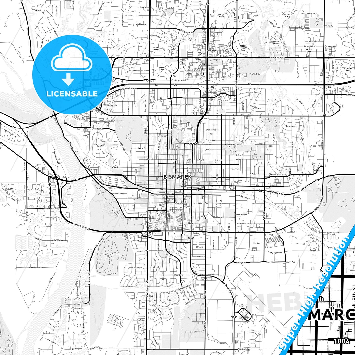 Bismarck, North Dakota Light Map with Street Names, City Names, and Districts
