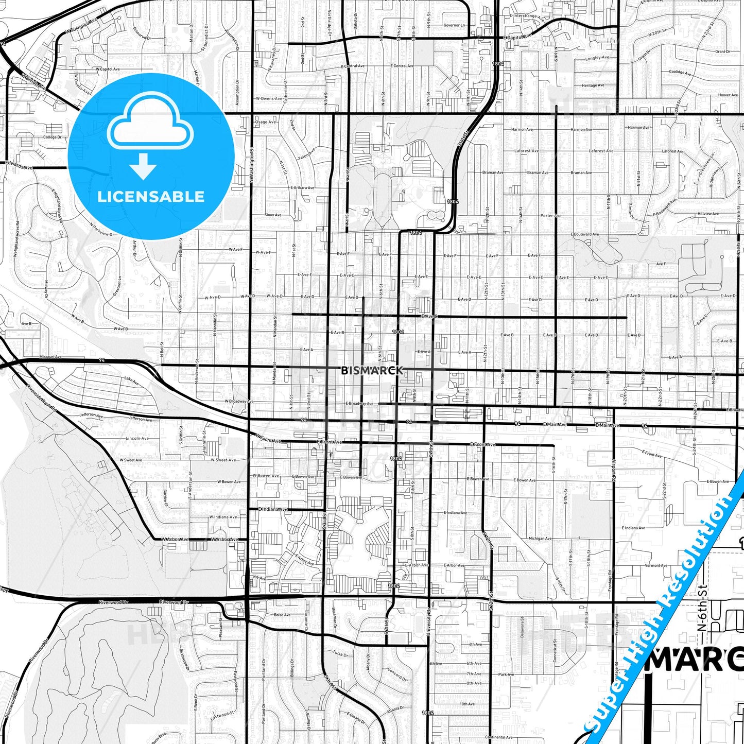 Bismarck, North Dakota Light Map with Street Names, City Names, and Districts