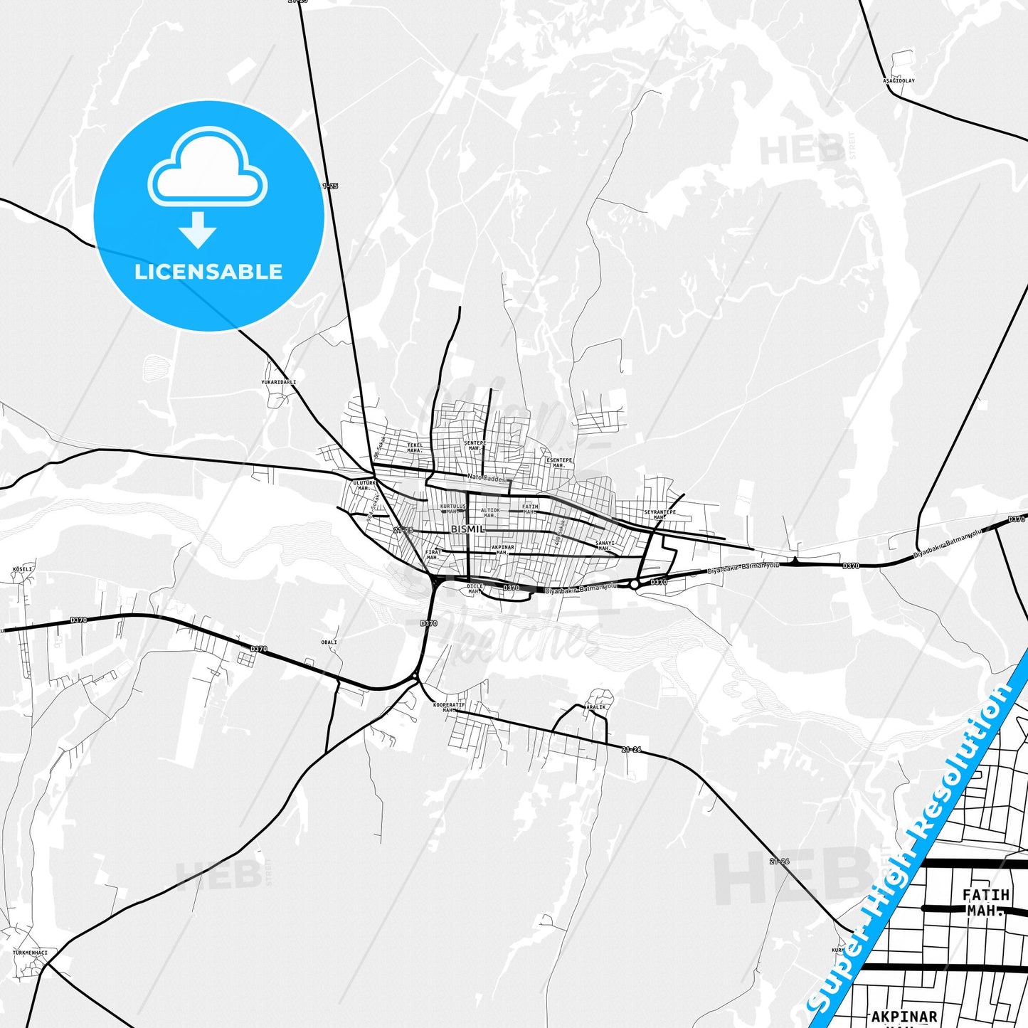 Bismil, Turkey Light Map with Street Names, City Names, and Districts